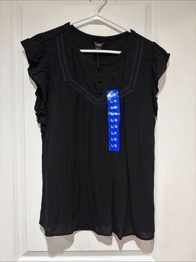 Dalia Black Cap-Sleeve Ruffle Blouse